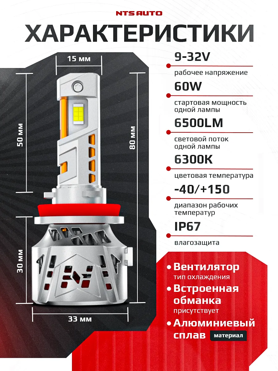 Светодиодные лампы ATLAS H8/H9/H11 6300K