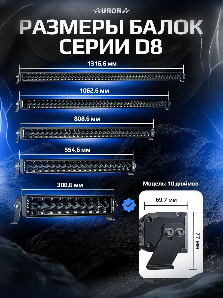 СВЕТОДИОДНАЯ БАЛКА 10" ДВУХРЯДНАЯ ДАЛЬНЕГО СВЕТА AURORA D8 C RGB МОДУЛЕМ