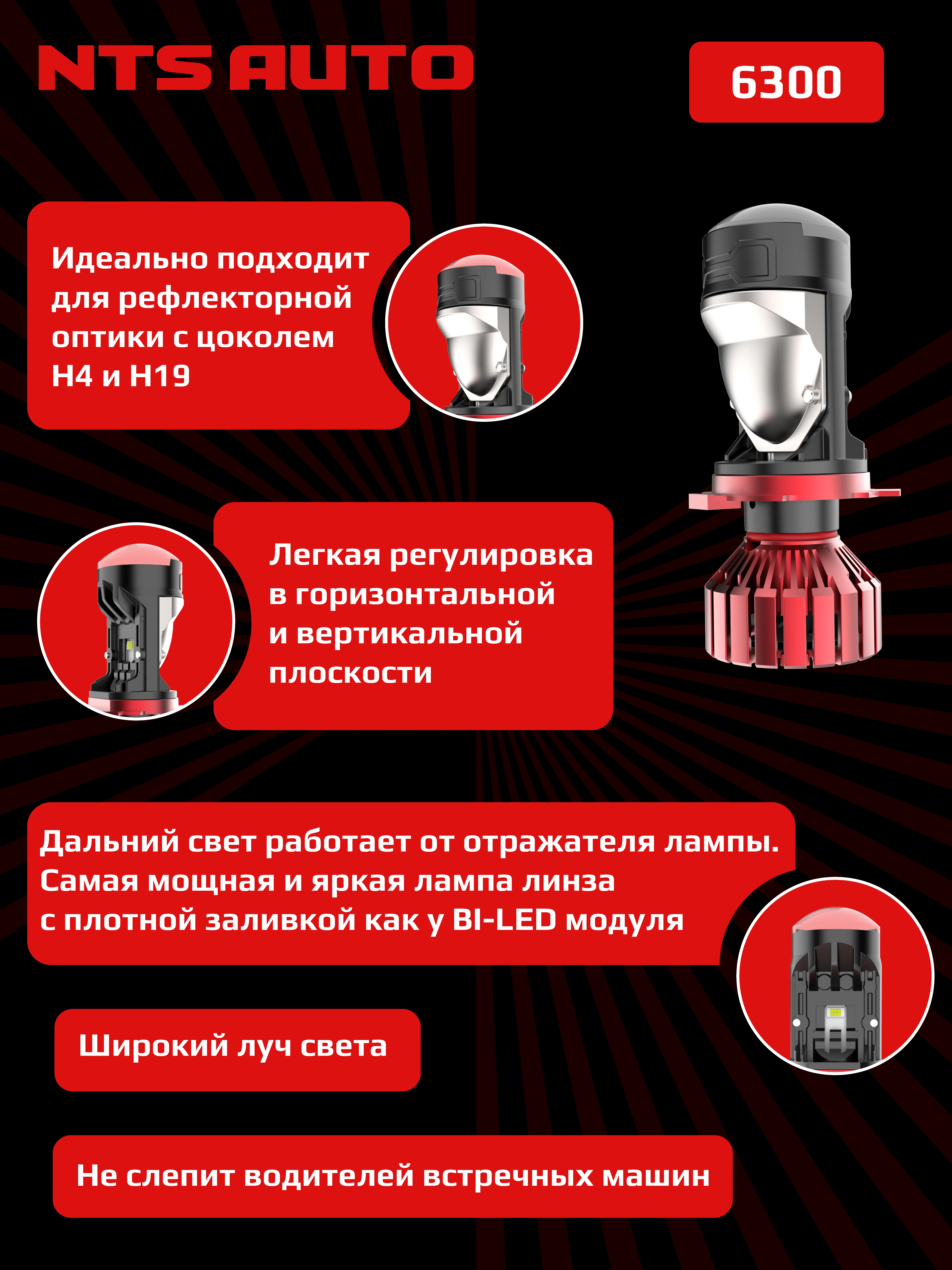 Светодиодная лампа-линза M02K H4 6300K CANBUS