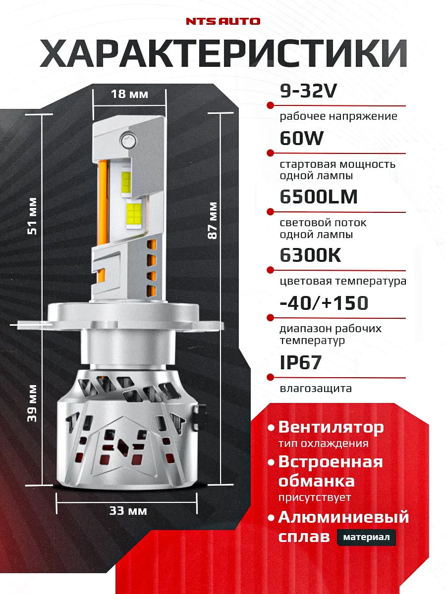 Светодиодные лампы ATLAS H4/H19 6300K