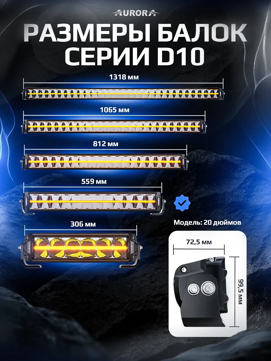 СВЕТОДИОДНАЯ БАЛКА 20" ДВУХРЯДНАЯ ДАЛЬНЕГО СВЕТА AURORA D10 ДХО Б/Ж