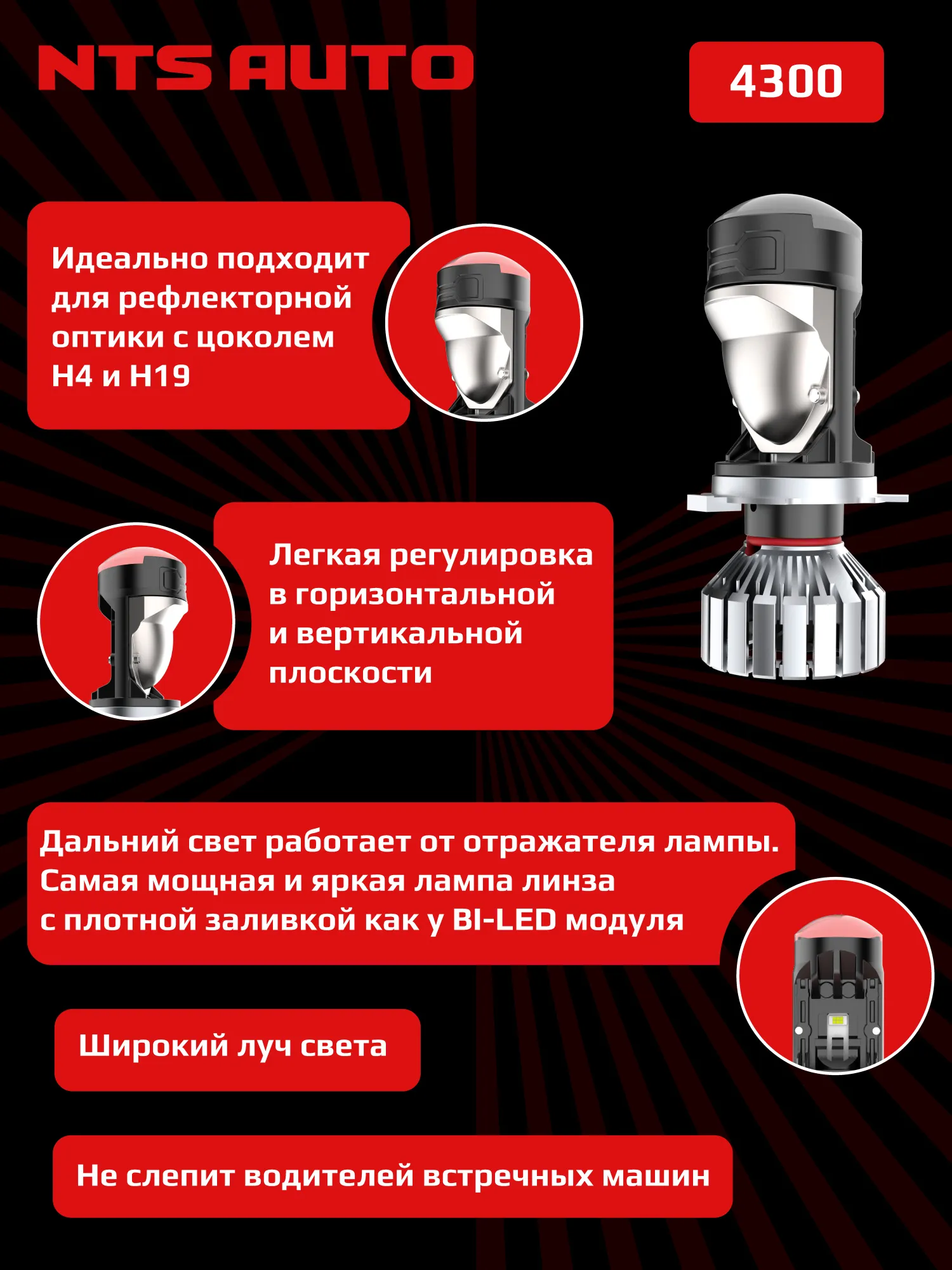 Светодиодная лампа-линза M02K H4 4300K CANBUS