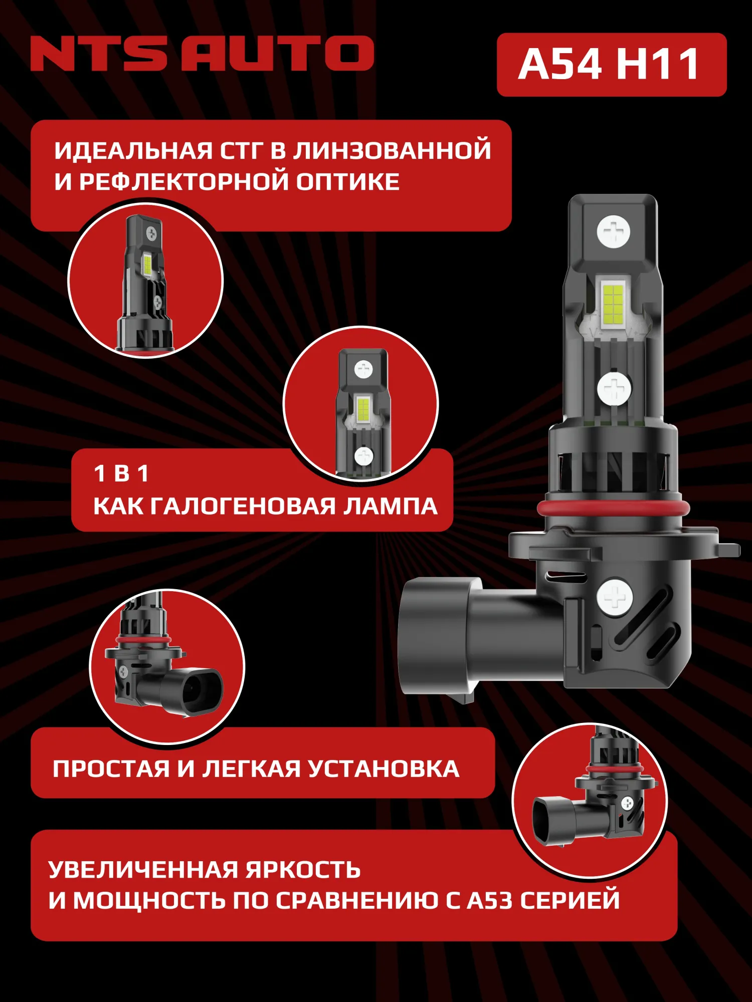 Светодиодные лампы A54 H8/H9/H11/H16 6300К Светодиодные лампы A54 H8/H9/H11/H16 6300К